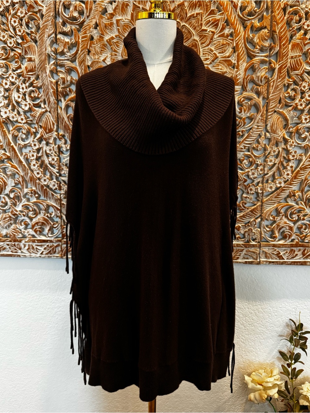 Michael Kors Brown Cowl-Neck Fringe Poncho, Soft Cozy - Picture 2 of 15